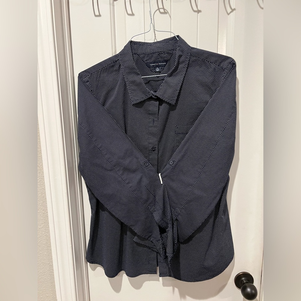 Tommy Hilfiger women’s blue white polka dot Button Down Shirt sz xl